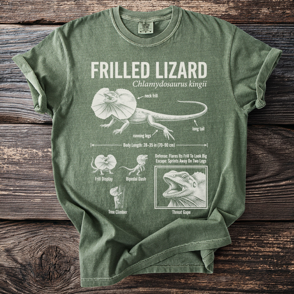 Green t-shirt with "Frilled Lizard" text and anatomical illustrations.