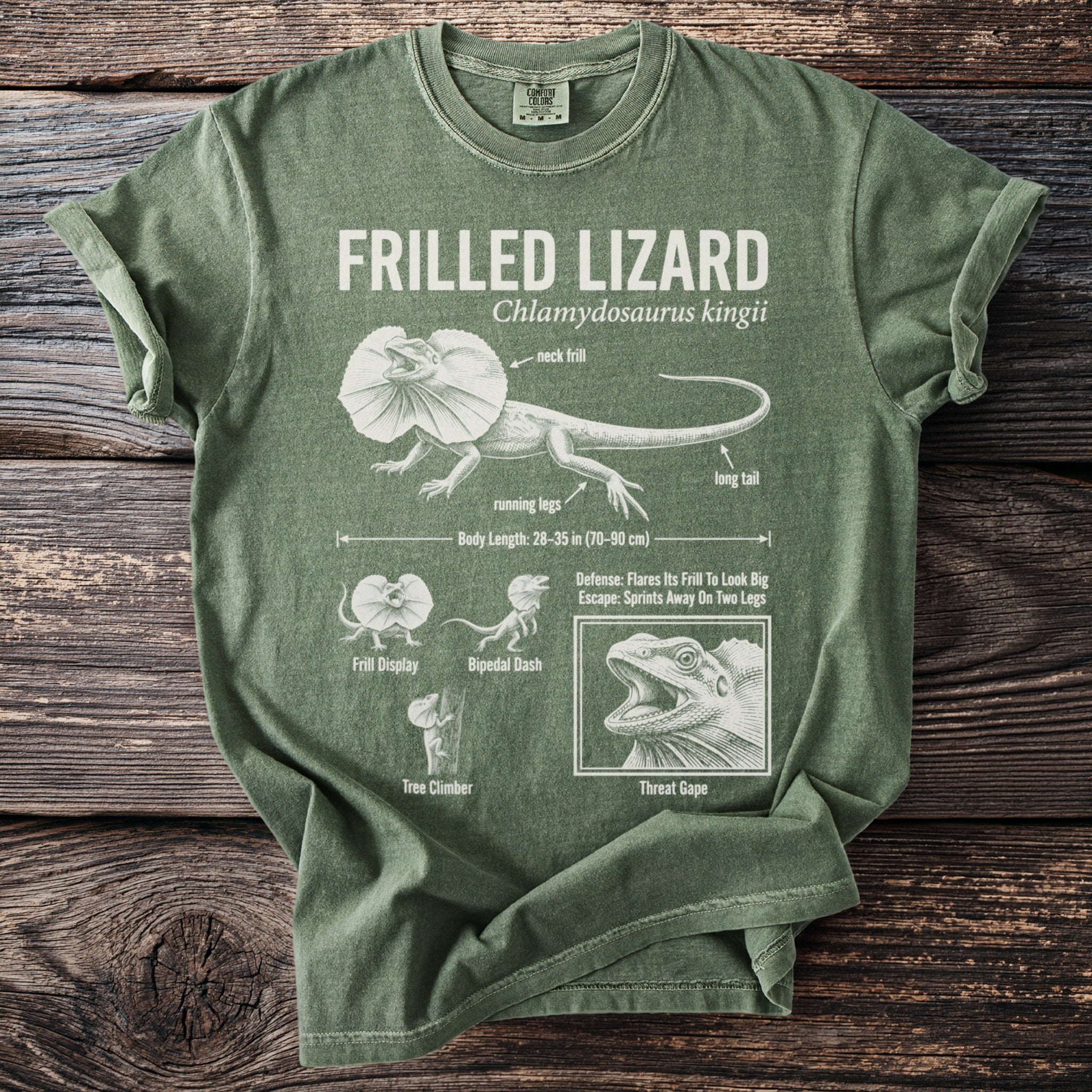 Green t-shirt with "Frilled Lizard" text and anatomical illustrations.