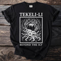 Black t-shirt with "TEKELI-LI BEYOND THE ICE" text and an illustration of a creature.