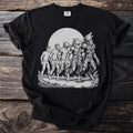 Black t-shirt with a graphic depicting the stages of a werewolf transformation under a full moon.