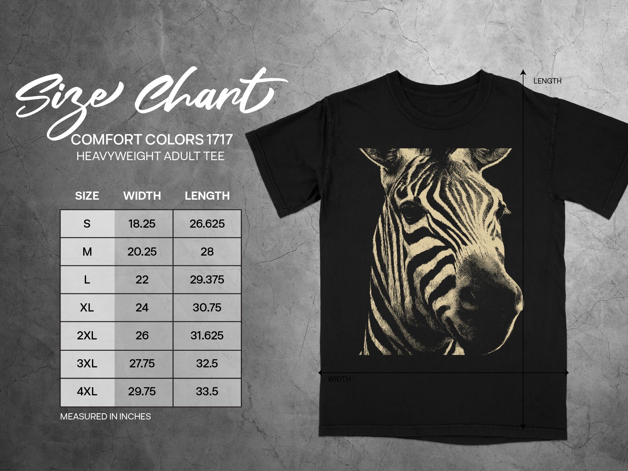 Comfort Colors 1717 heavyweight t-shirt size chart with zebra graphic.