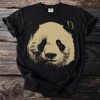 Black t-shirt with a distressed gold panda face graphic.