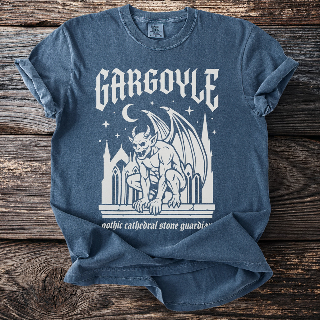 Blue t-shirt with gothic gargoyle graphic and "Gargoyle" text.
