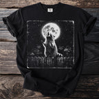 Black t-shirt with graphic of raccoons howling at a full moon.
