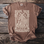 Brown t-shirt with Viking warrior illustration featuring runes and a Valknut symbol.