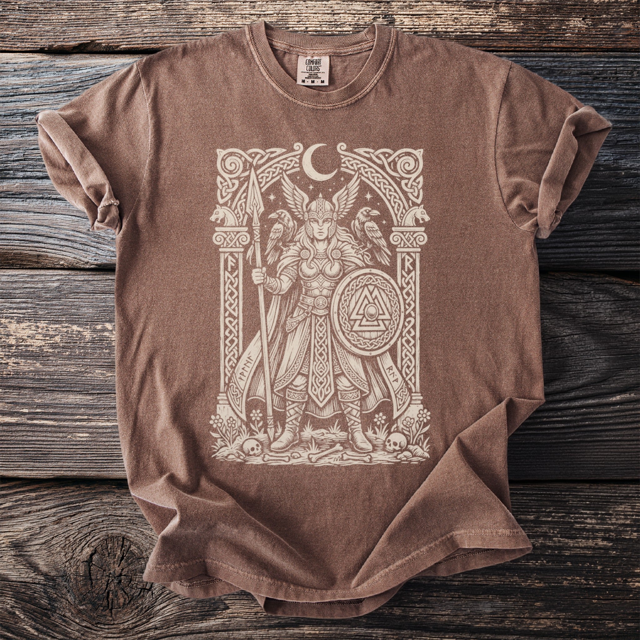 Brown t-shirt with Viking warrior illustration featuring runes and a Valknut symbol.