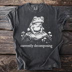 Dark grey t-shirt with a graphic of a frog on a rock with mushrooms and text.
