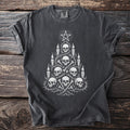 Dark t-shirt with a white graphic of a skull and bone Christmas tree topped with a pentagram.