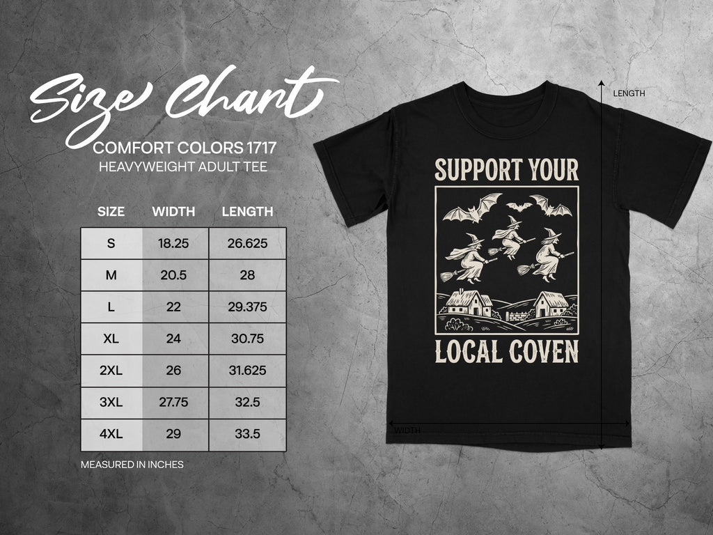 T-shirt size chart with width and length measurements for sizes S through 4XL.