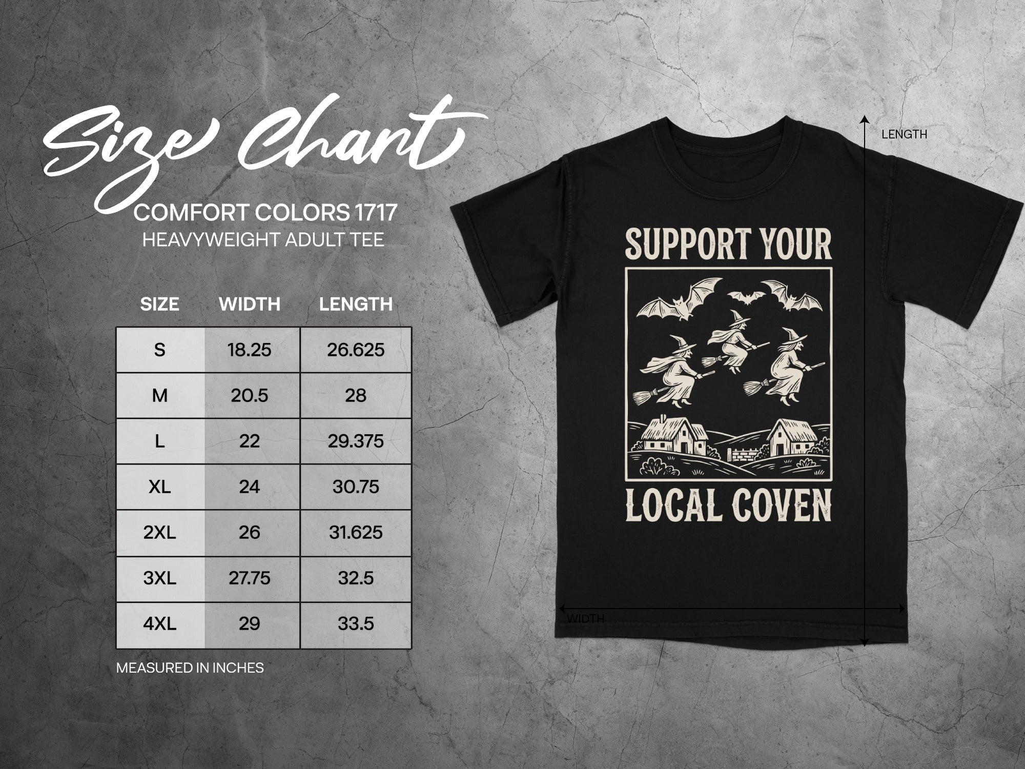 T-shirt size chart with width and length measurements for sizes S through 4XL.