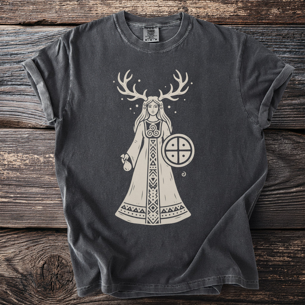 Charcoal t-shirt with bleached effect featuring a cream print of a woman with antlers.