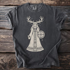 Charcoal t-shirt with bleached effect featuring a cream print of a woman with antlers.