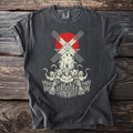 Dark gray t-shirt with five hooded reapers with scythes in cut wheat before a windmill and a flat red sun.