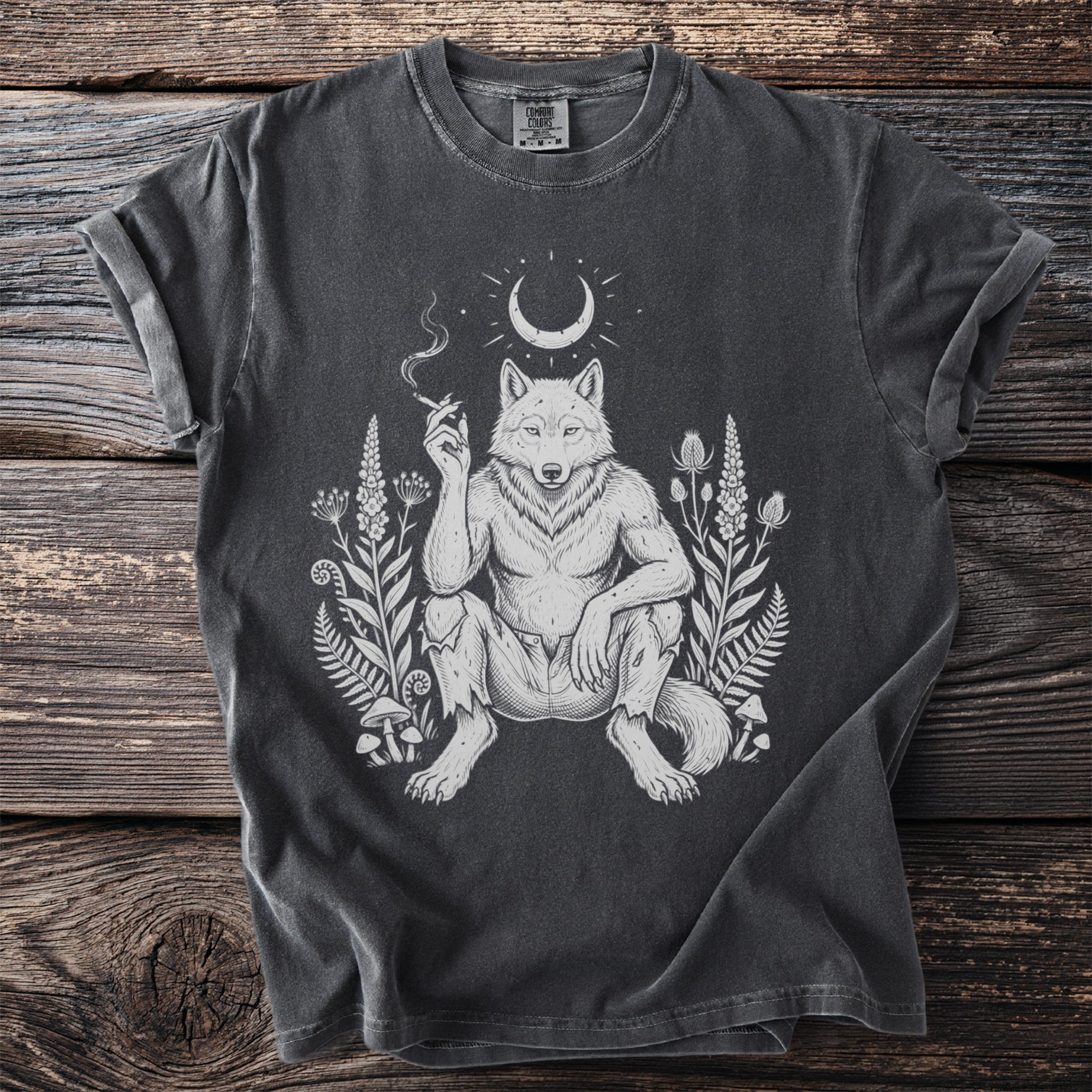 T-shirt with a charcoal grey t-shirt featuring a white line drawing of a werewolf smoking.