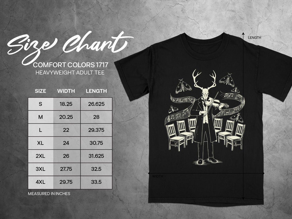 Comfort Colors 1717 heavyweight adult tee size chart with width and length measurements in inches.