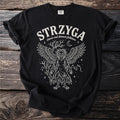 Black t-shirt with Strzyga Slavic owl demon folklore graphic art.