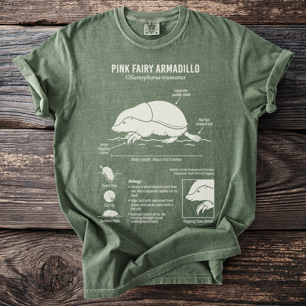 Green t-shirt with Pink Fairy Armadillo diagram and biology facts.