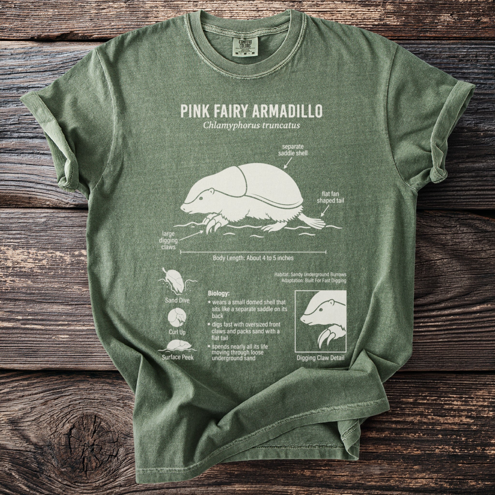 Green t-shirt with Pink Fairy Armadillo diagram and biology facts.