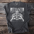 Dark grey t-shirt with a black and white graphic of a tree-like faced man with hands forming a heart.