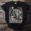 Black t-shirt with headless horseman holding pumpkin, covered bridge, and trees.