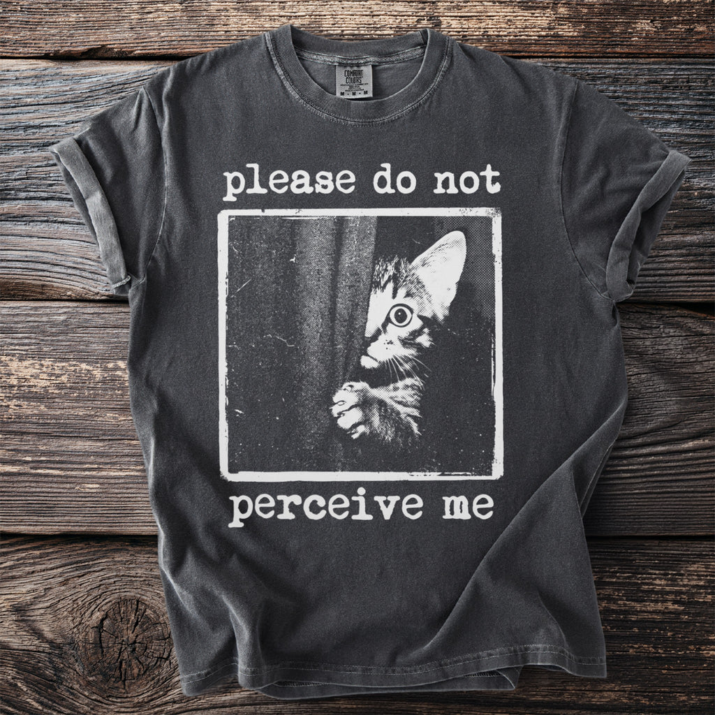 Dark grey t-shirt with distressed graphic of peeking cat and text "please do not perceive me".