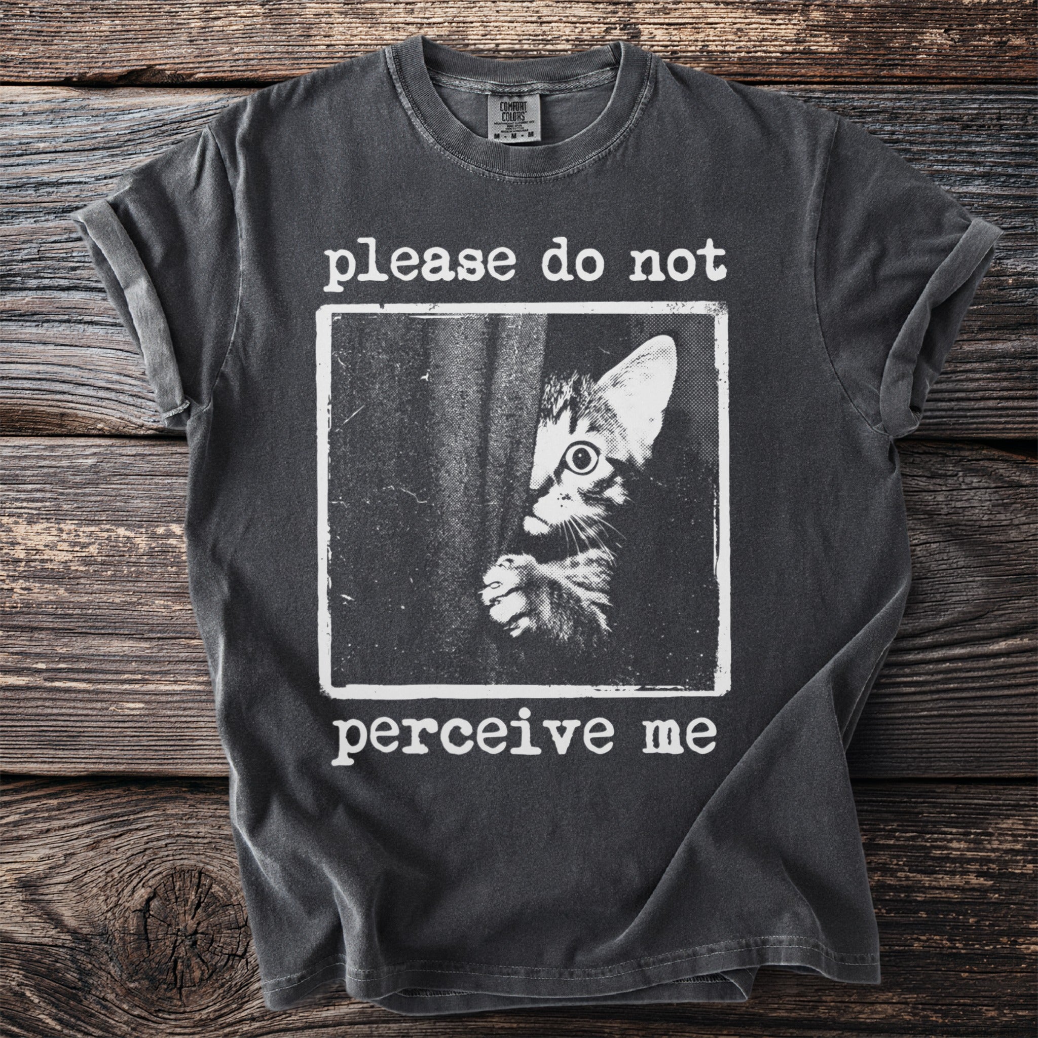 Dark grey t-shirt with distressed graphic of peeking cat and text "please do not perceive me".