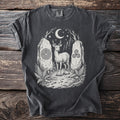 Dark gray t-shirt with white print of deer, labyrinth, triskele, and moon.