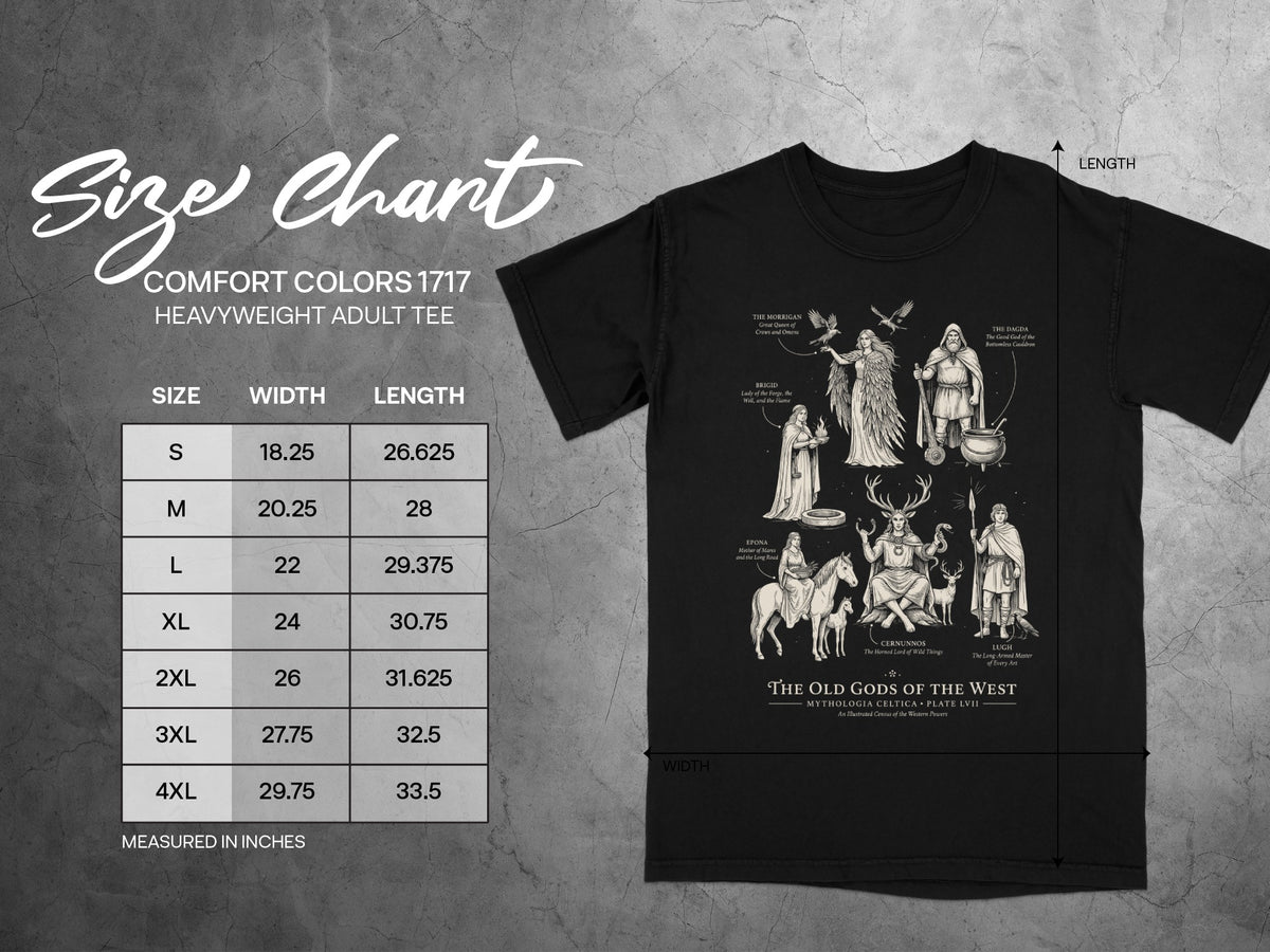 Size chart with Comfort Colors 1717 heavyweight adult tee measurements and Celtic deities illustration.