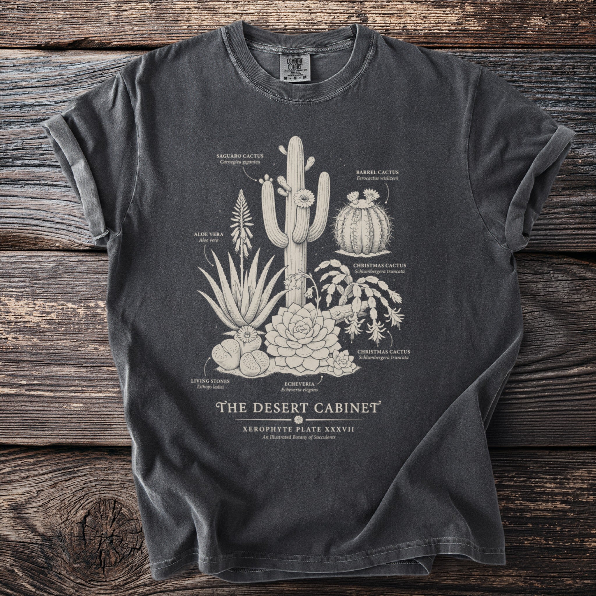 Dark grey t-shirt with an illustrated botanical print of desert succulents titled "The Desert Cabinet".