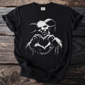 Black t-shirt with a distressed white graphic of a horned demon making a heart shape.
