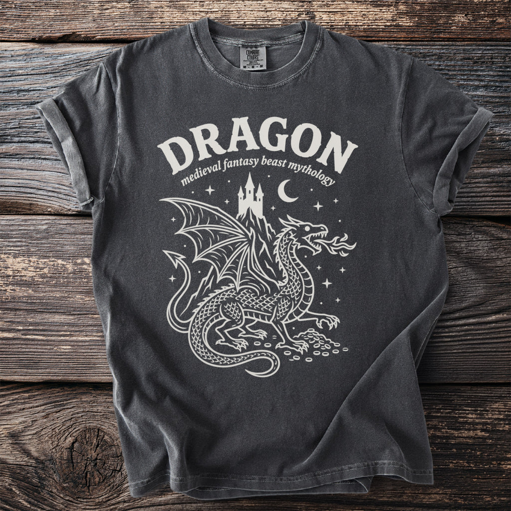 Dark grey t-shirt with white graphic of a dragon, castle, moon, and stars.