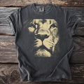 Gray t-shirt featuring a close-up graphic of a lion's face.