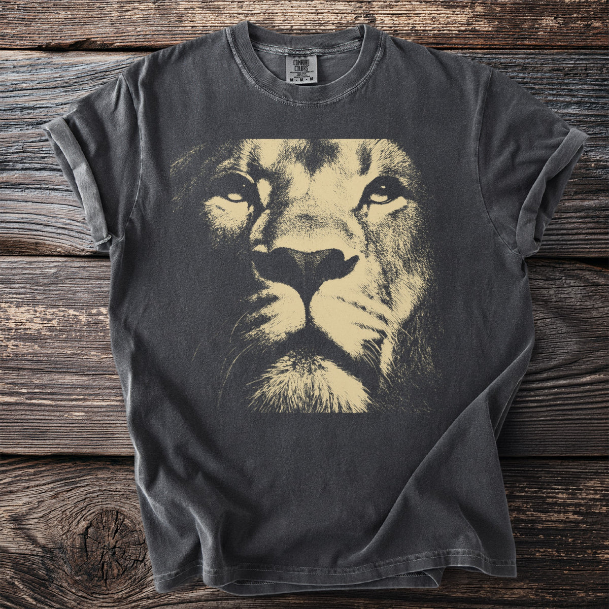 Gray t-shirt featuring a close-up graphic of a lion's face.