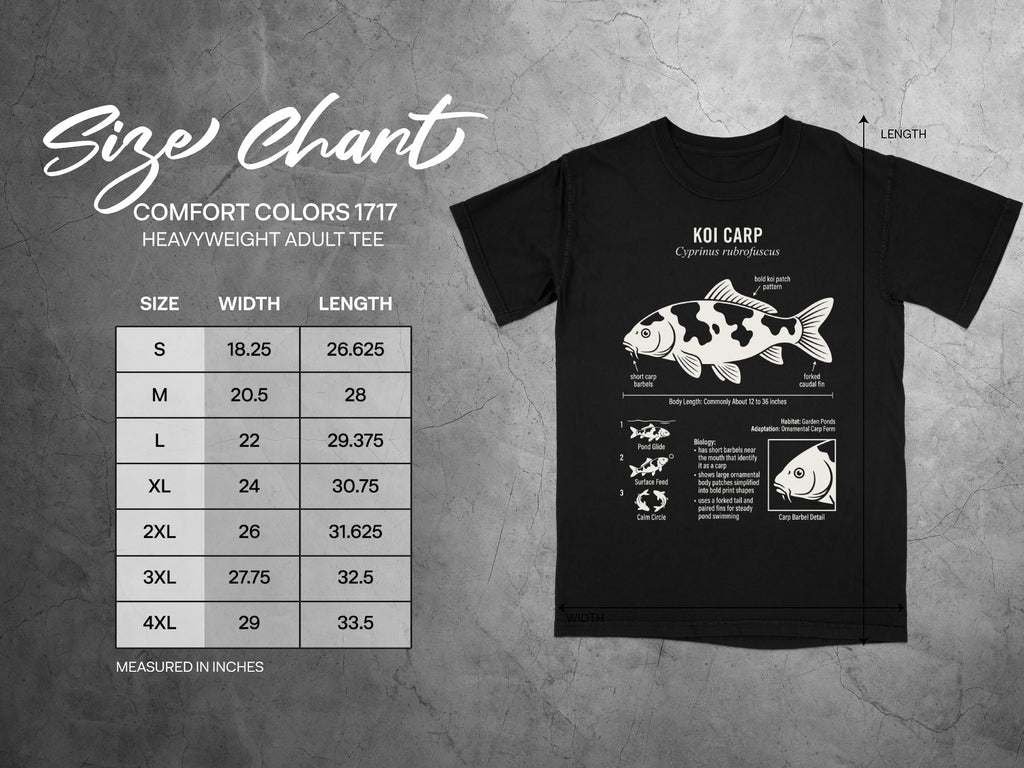 Comfort Colors 1717 heavyweight adult tee size chart with koi carp graphic and measurements.