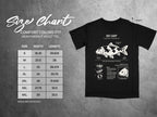 Comfort Colors 1717 heavyweight adult tee size chart with koi carp graphic and measurements.
