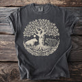 Dark grey t-shirt with a cream graphic of a tree, two bears, and a moon.