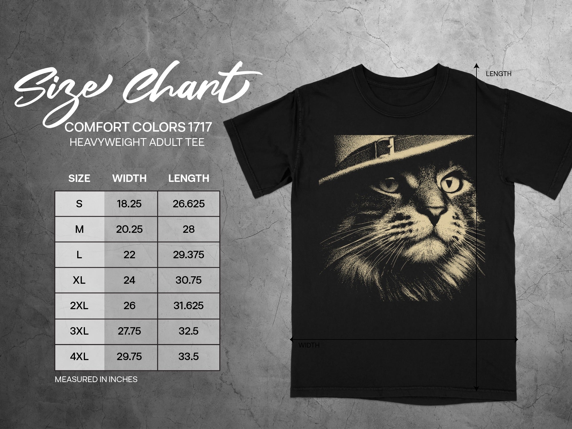 Comfort Colors 1717 heavyweight adult tee size chart with cat graphic on black shirt.