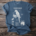 Hyacinth Macaw anatomy diagram on a blue t-shirt with scientific details.