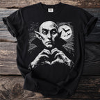 Black t-shirt featuring a white line art graphic of Dracula making a heart shape with his hands.