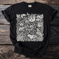 Black t-shirt with "respect the locals" text and tropical animals illustration.