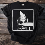 Opossum wearing party hat sits at table with champagne and popcorn.