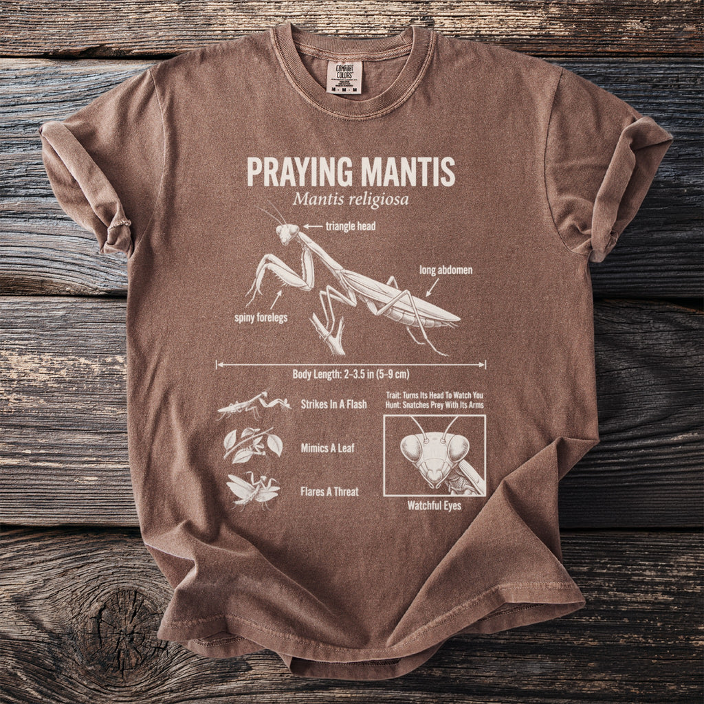 Brown t-shirt with a diagram of a Praying Mantis and its features.