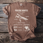 Brown t-shirt with a diagram of a Praying Mantis and its features.