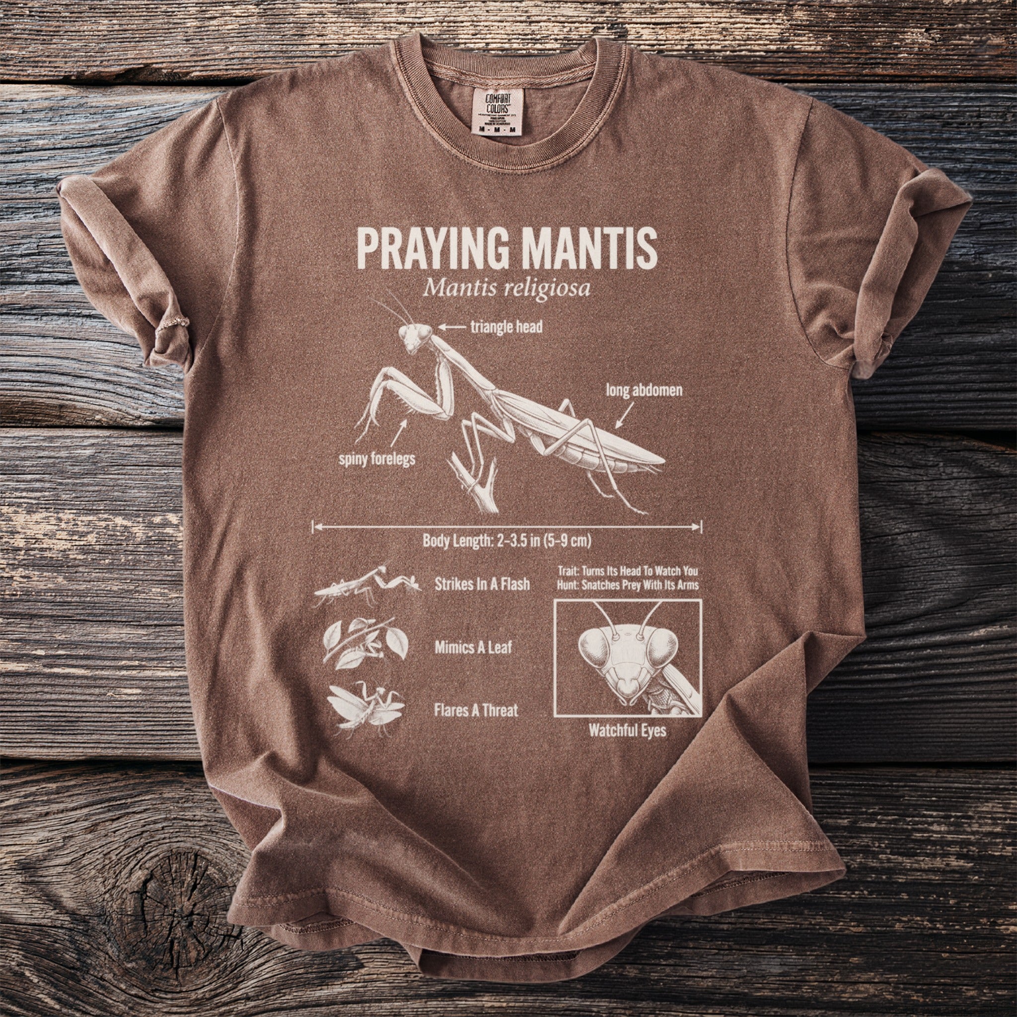 Brown t-shirt with a diagram of a Praying Mantis and its features.