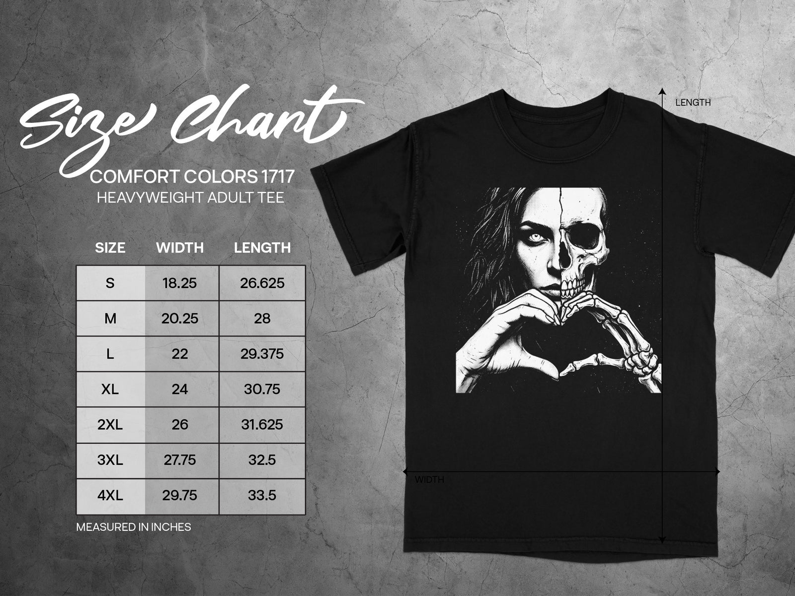 Comfort Colors 1717 heavyweight adult tee size chart with graphic of woman's face and skeleton hands forming heart.