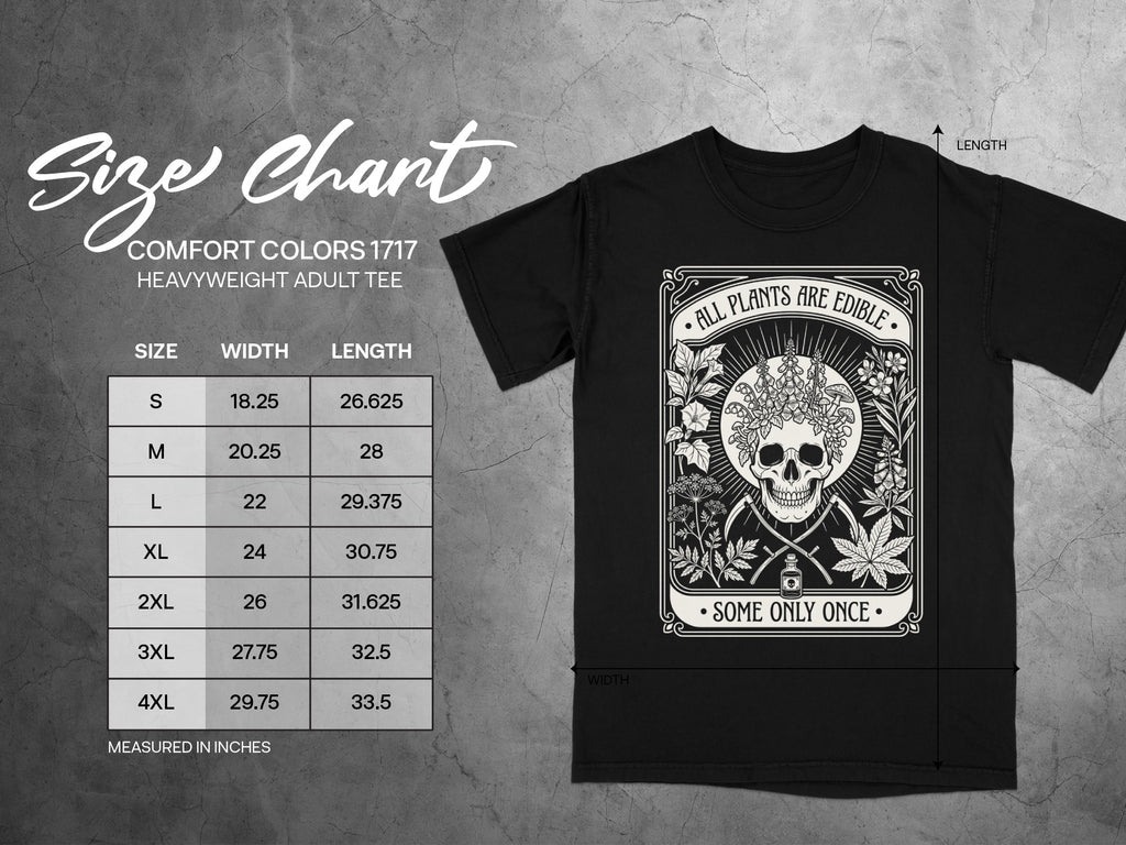 Size chart for black Comfort Colors 1717 heavyweight adult tee with floral skull graphic.