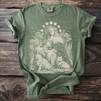 Green t-shirt with a mystical woman, moon phases, cats, and floral print.