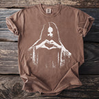 Brown t-shirt with white graphic of a person forming a heart with their hands.