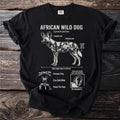 Black t-shirt with an illustration of an African Wild Dog and its features.