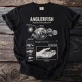 Black t-shirt with diagram of Anglerfish, its lure, and behaviors.